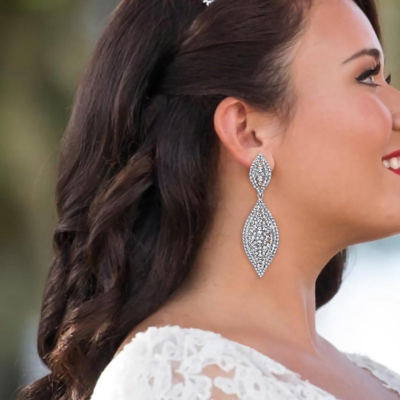 Flyonce Women's Rhinestone Crystal Wedding Bridal 2 Leaf Drop Dangle Large Long Chandelier Earrings Clear 3.3" - Image 3